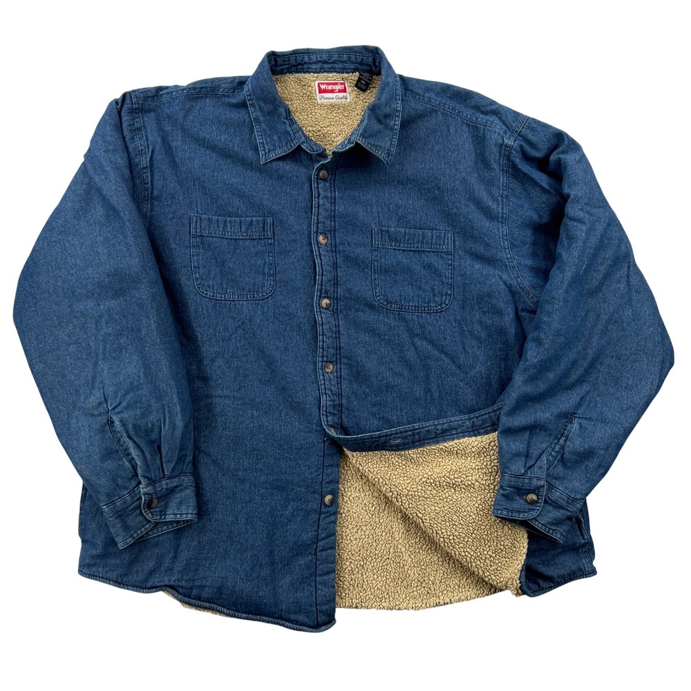 Wrangler Denim Shirt Jacket Mens 3XL Blue Sherpa Lined Workwear Shacket Heavy